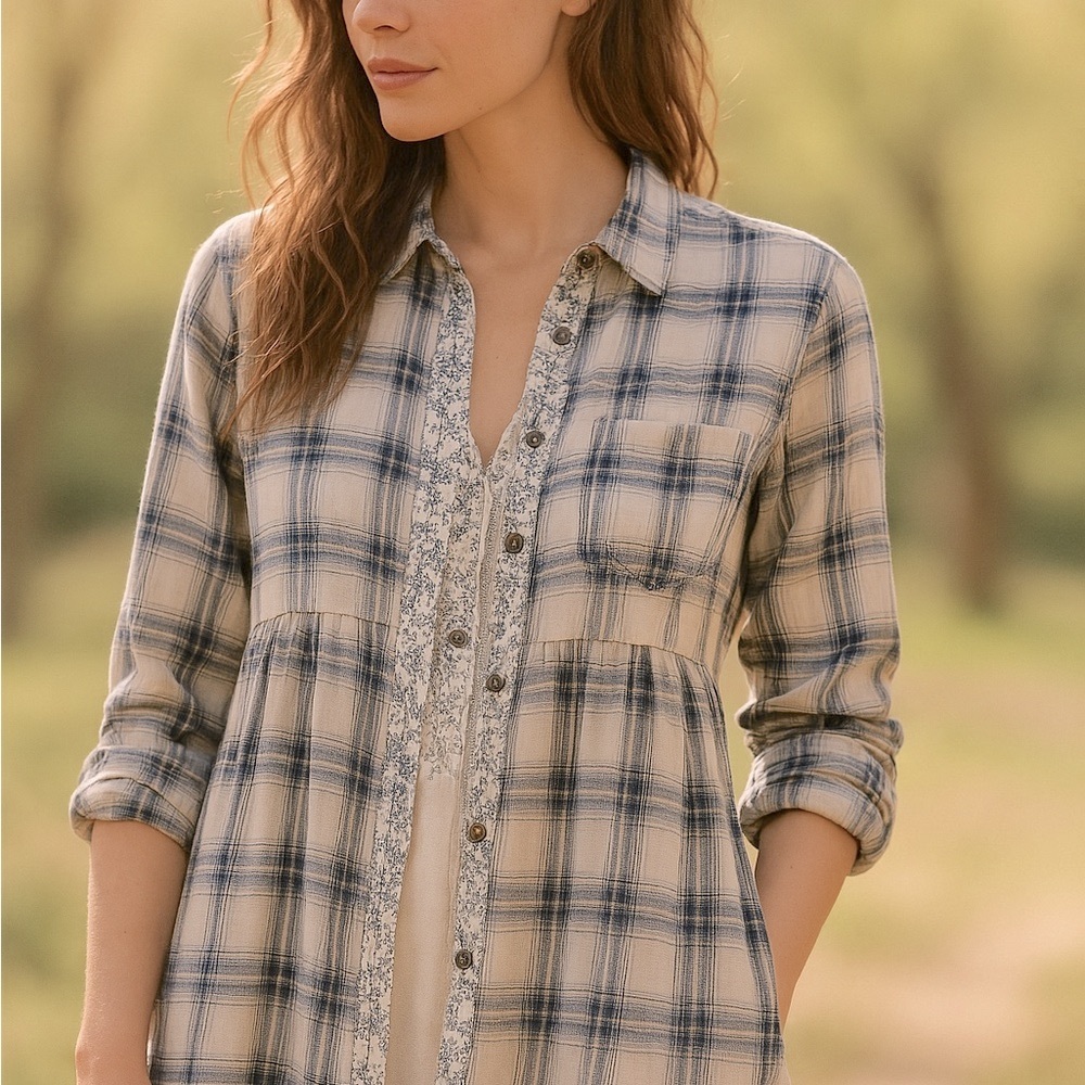 Free People 100% Cotton Plaid Tunic Shirt